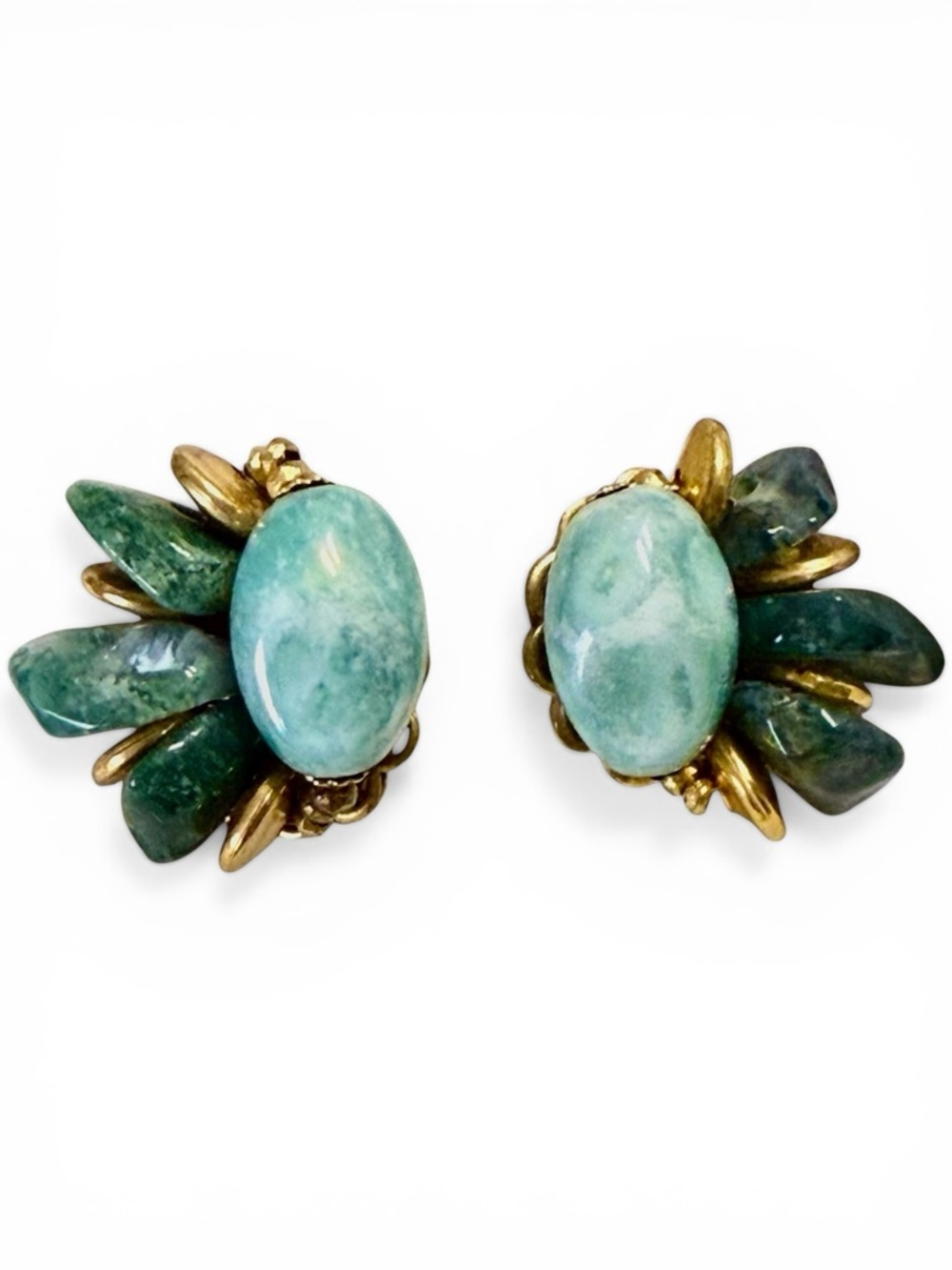 Vintage 1950s Miriam Haskell Green Stone Filigree Cluster Clip Earrings Signed